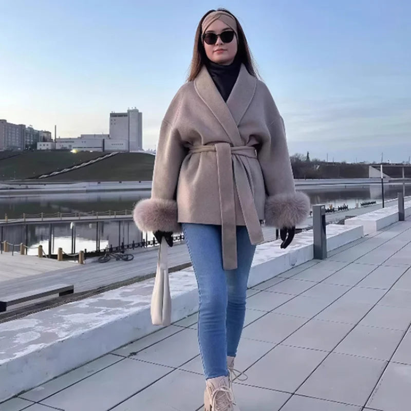 Elegant Woolen Coat – Women’s Full Sleeve Loose Short Coat with Belt