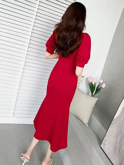 Chic Women’s Ball Gown – Square Collar Puffy Sleeve Fish Tail Dress