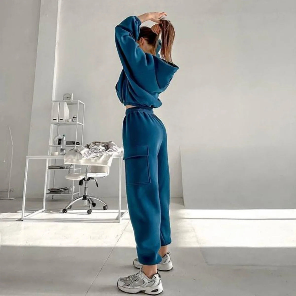 Autumn Winter Casual Outfit – Hoodie with Hood & Tied Waist Pants