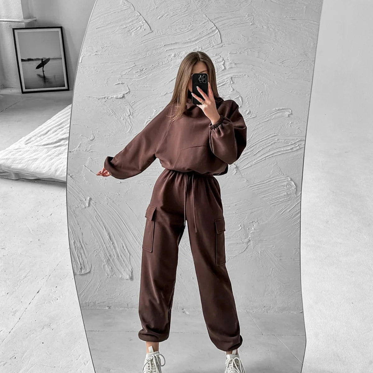 Autumn Winter Casual Outfit – Hoodie with Hood & Tied Waist Pants