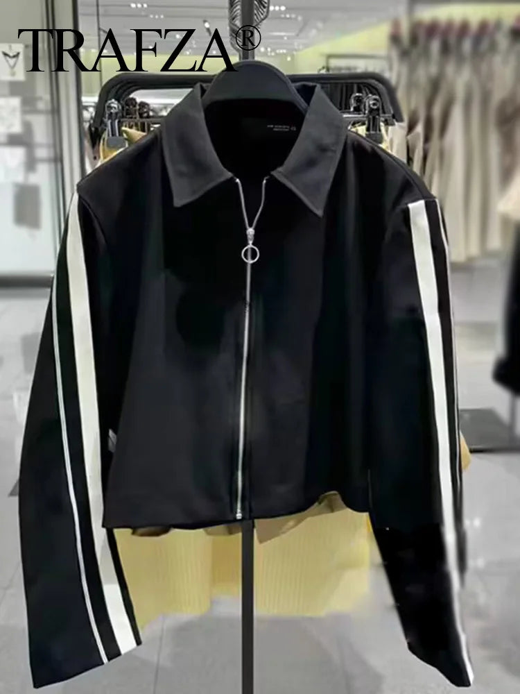TRAFZA Vintage Women’s Outfit – Short Black Jacket & Black White Patchwork Pants