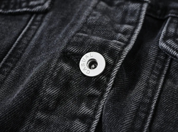 Short Denim Jacket for Women – Black Lapel Long Sleeve Fashion Coat