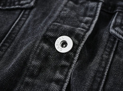 Short Denim Jacket for Women – Black Lapel Long Sleeve Fashion Coat