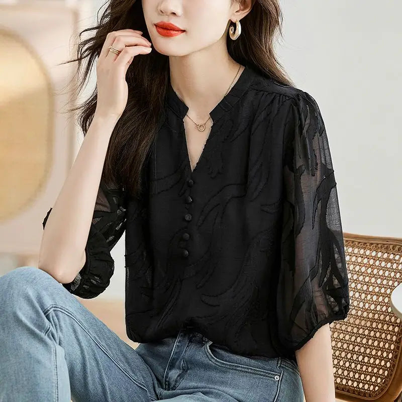 Women’s Stylish Summer Tee – Buttoned Solid Chiffon Pullover