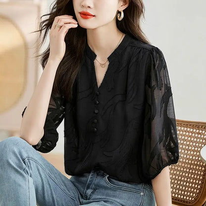 Women’s Stylish Summer Tee – Buttoned Solid Chiffon Pullover