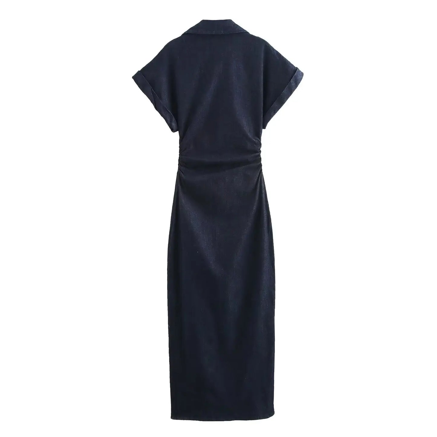 Fashionable Women’s Midi Dress – Lapel Denim Slim Waist Dress