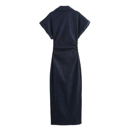 Fashionable Women’s Midi Dress – Lapel Denim Slim Waist Dress