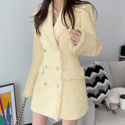 Waist Cinched Wool Coat – Women’s Chic Long Sleeve Double-Breasted Jacke