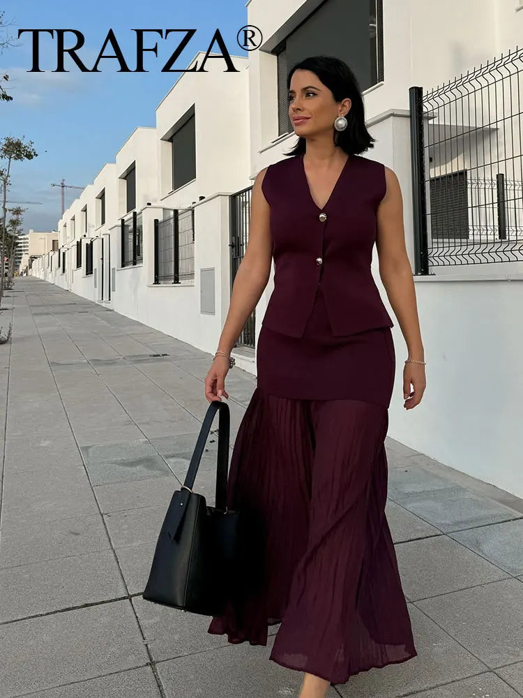 Wine Red Knitted Vest & High Waist Long Skirt – TRAFZA 2025 Women’s Set