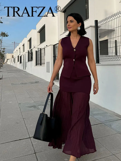 Wine Red Knitted Vest & High Waist Long Skirt – TRAFZA 2025 Women’s Set