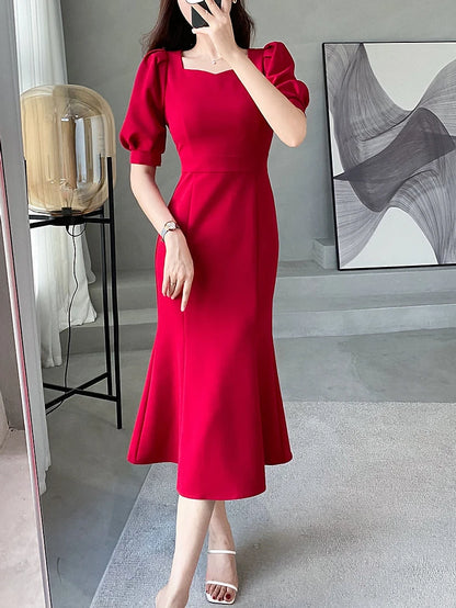 Fashionable Summer Dress – Slim Fit Square Collar Bubble Sleeve