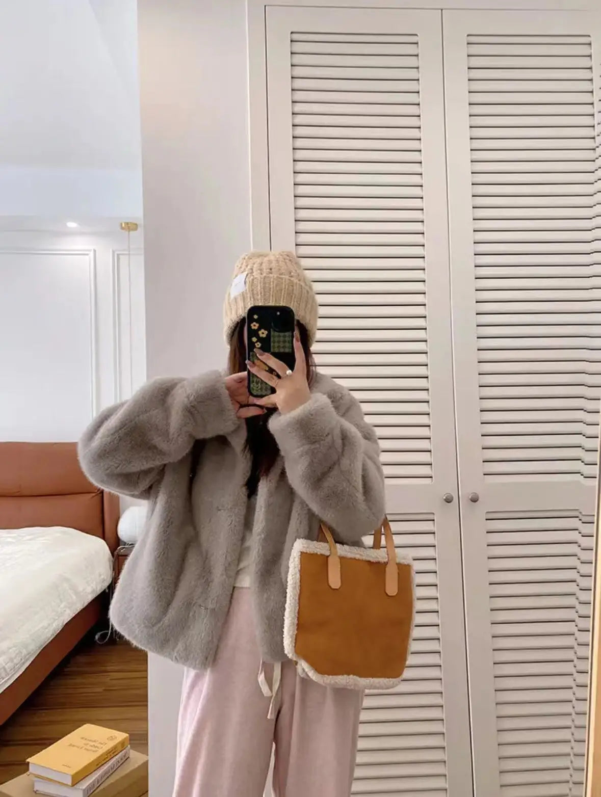 Golden Mink Lined Faux Fur Coat – Short Stand Collar Winter Jacket