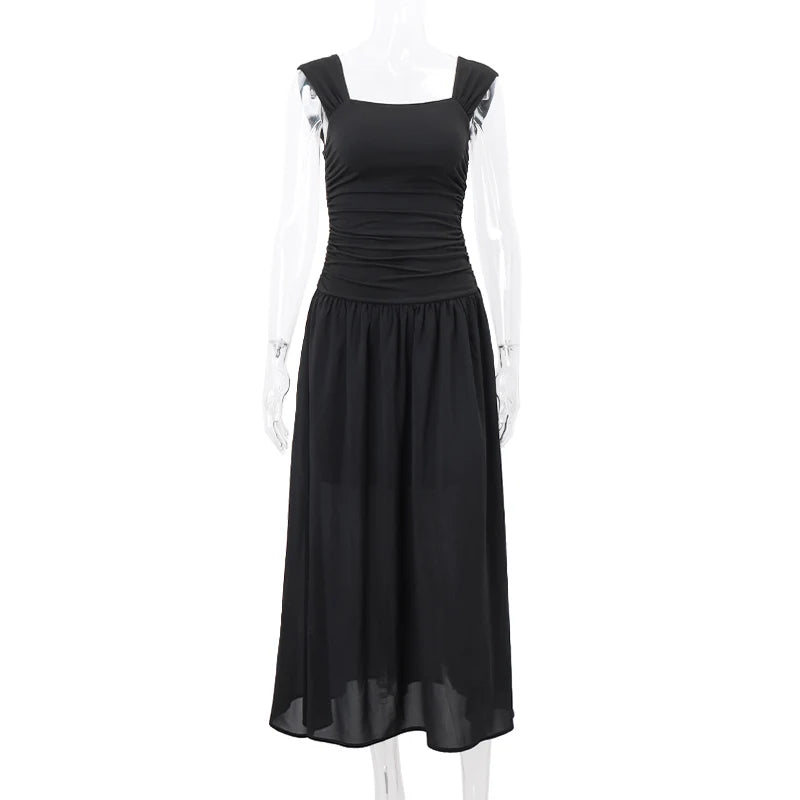 Casual Elegant Summer Dress – High-Waist Solid Ruched Maxi Dress