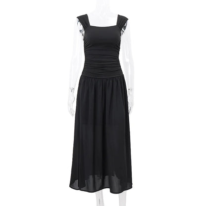 Casual Elegant Summer Dress – High-Waist Solid Ruched Maxi Dress