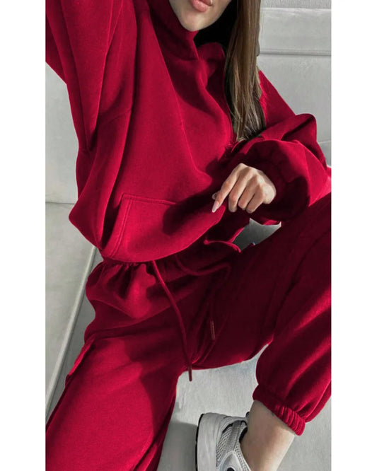 Autumn Winter Casual Outfit – Hoodie with Hood & Tied Waist Pants