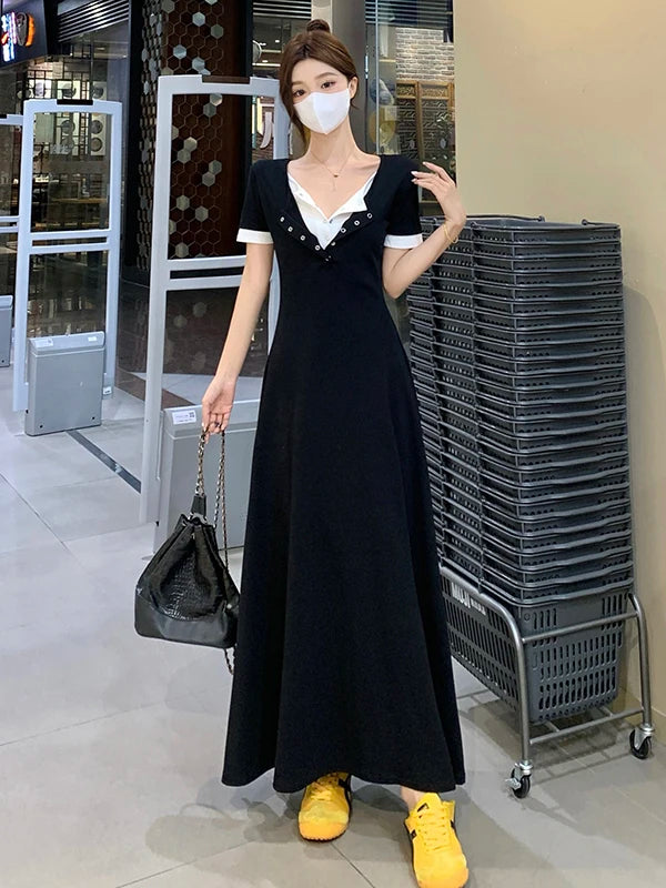 Women’s Stylish Summer Dress – Slim Belly Covering Fake Two-Piece