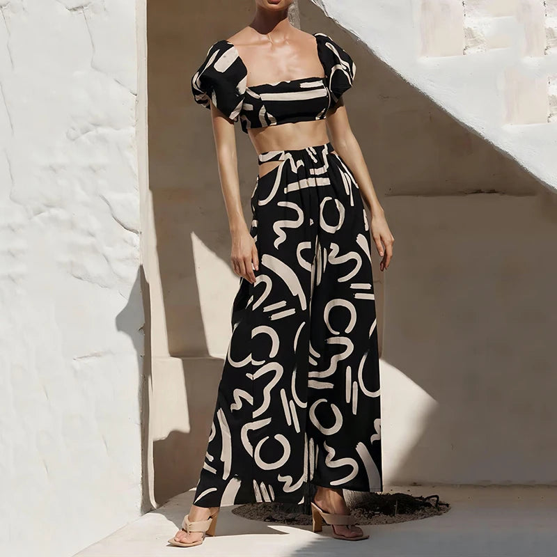 Elegant Women’s Set – Puff Sleeve Top & Hollow Waist Big Hem Dress