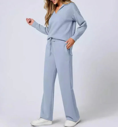 Spring Women’s Outfit – Loose V-Neck Top with Drawstring + Flared Trousers