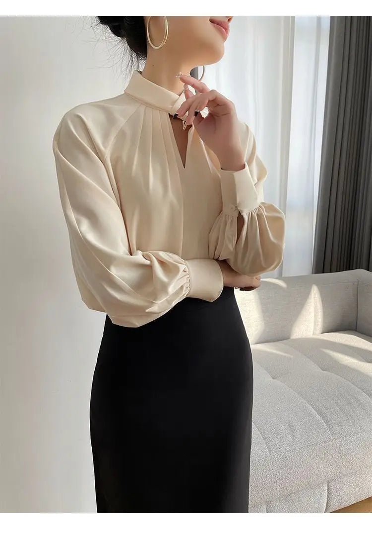 Fashion Spring Blouse – Hollow Puff Sleeve Solid Color Women’s Top