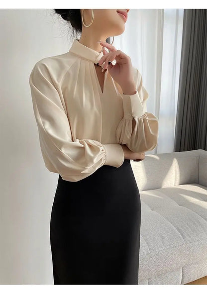 Fashion Spring Blouse – Hollow Puff Sleeve Solid Color Women’s Top