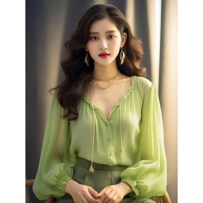 Trendy Women’s Chiffon Top – Korean Style Slim Fit Long Sleeve