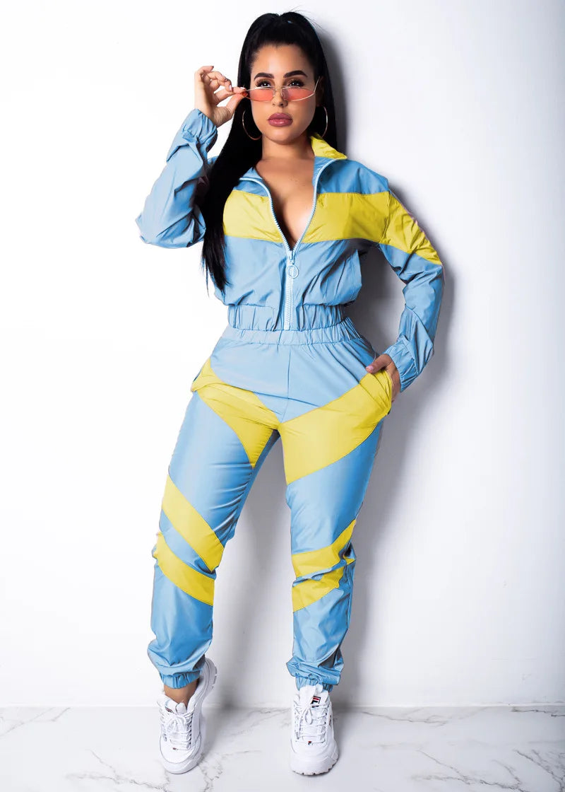 Casual Sports Set – Women’s Color-Block Windbreaker with Joggers