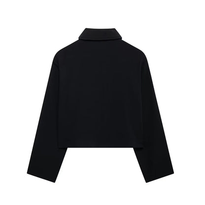 TRAFZA Vintage Women’s Outfit – Short Black Jacket & Black White Patchwork Pants