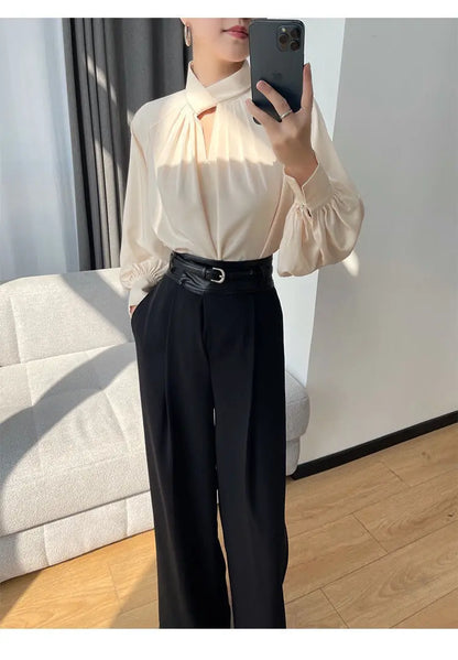 Fashion Spring Blouse – Hollow Puff Sleeve Solid Color Women’s Top