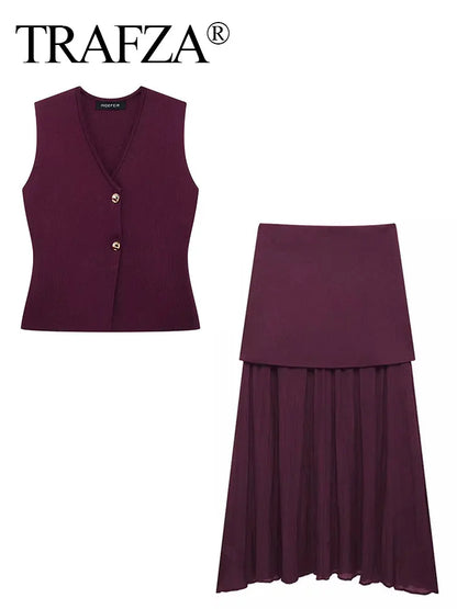 Wine Red Knitted Vest & High Waist Long Skirt – TRAFZA 2025 Women’s Set