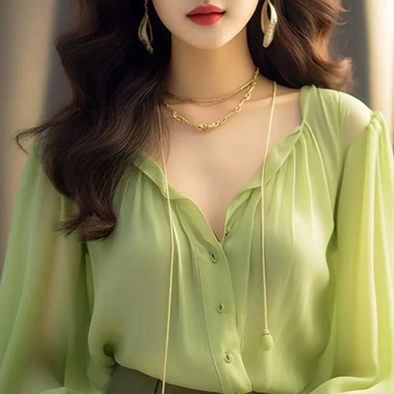 Trendy Women’s Chiffon Top – Korean Style Slim Fit Long Sleeve