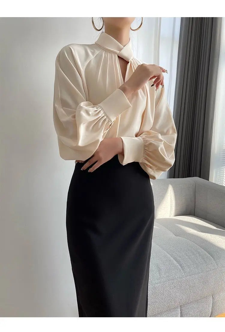 Fashion Spring Blouse – Hollow Puff Sleeve Solid Color Women’s Top