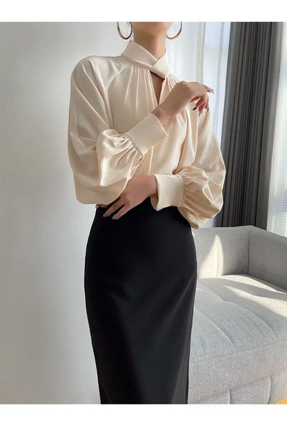 Fashion Spring Blouse – Hollow Puff Sleeve Solid Color Women’s Top