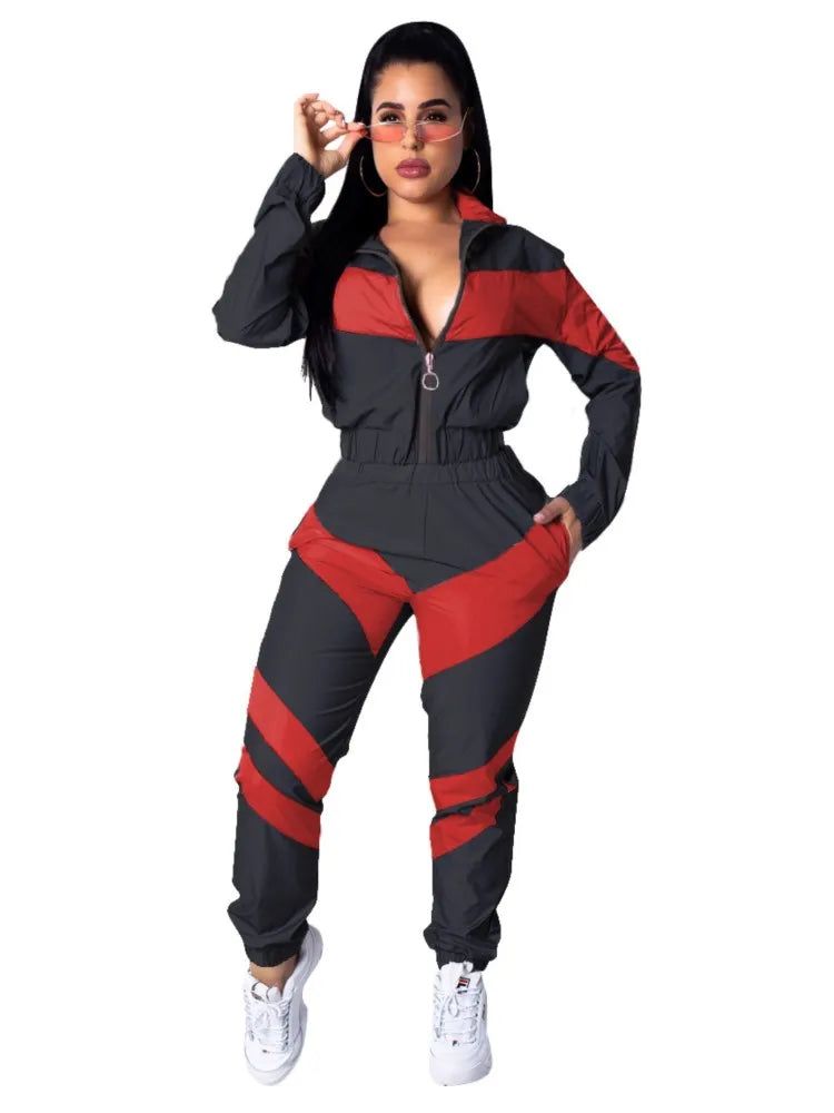Casual Sports Set – Women’s Color-Block Windbreaker with Joggers