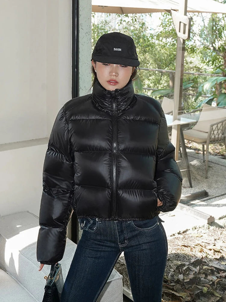 Elegant Solid Color Winter Jacket – Short Cozy Coat with Pockets