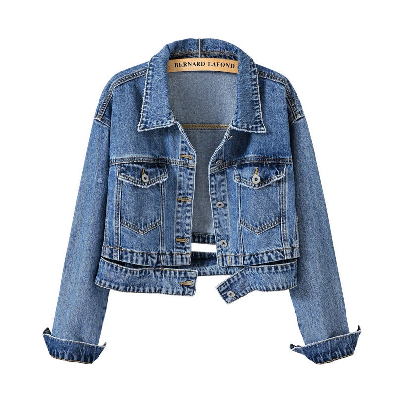 Short Denim Jacket for Women – Black Lapel Long Sleeve Fashion Coat