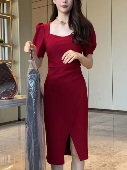 Street Style Summer Dress – Slimming Split Skirt High Waist Midi
