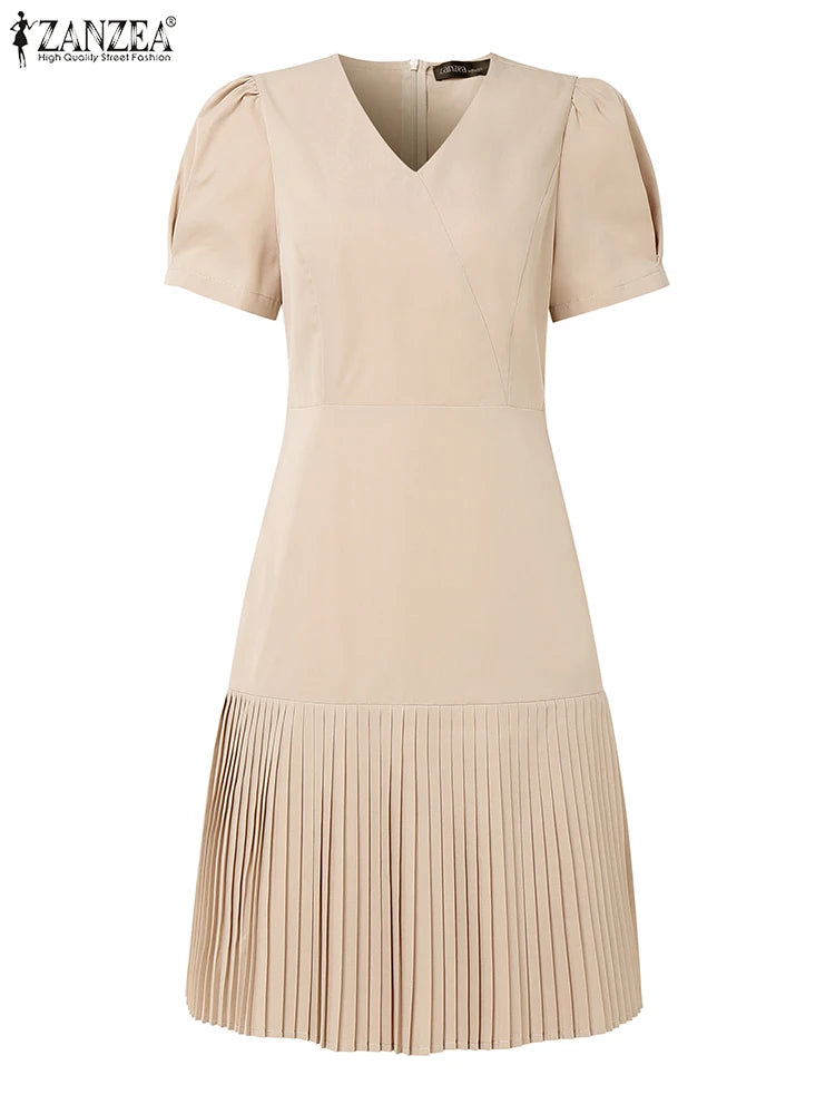 Women’s Summer Pleated Dress – V-Neck Puff Sleeve Party Dress