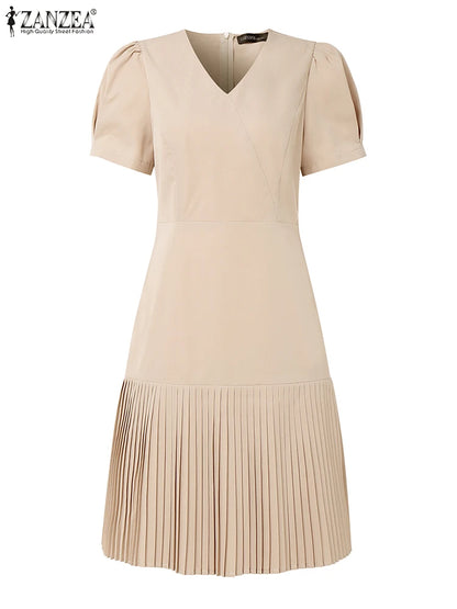 Women’s Summer Pleated Dress – V-Neck Puff Sleeve Party Dress