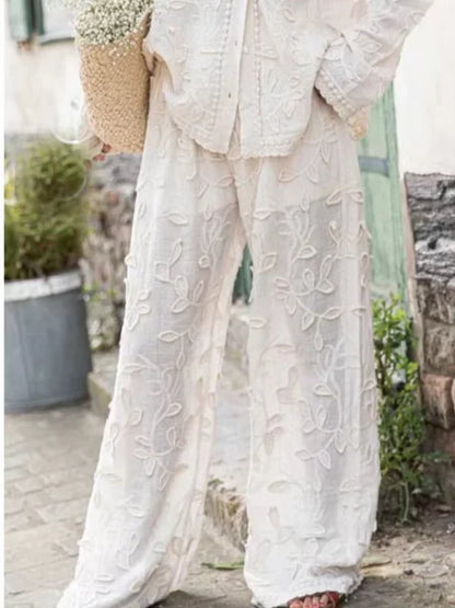 Women’s 2-Piece Suit – Elegant Long Sleeve Shirt & Wide Leg Pants