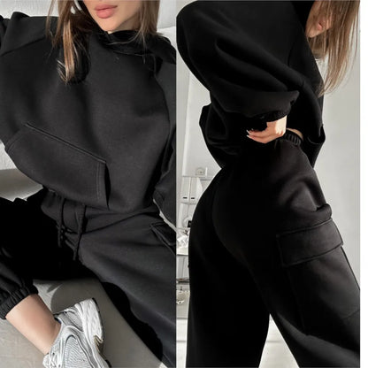 Autumn Winter Casual Outfit – Hoodie with Hood & Tied Waist Pants