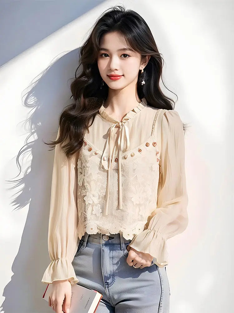 Elegant Sheer Top – French Style Long Sleeve Chiffon with Lace Strap