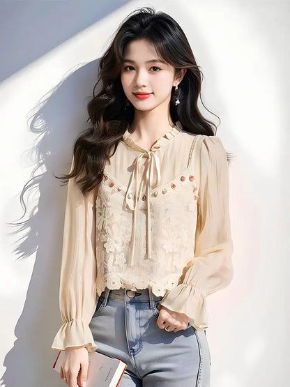 Elegant Sheer Top – French Style Long Sleeve Chiffon with Lace Strap