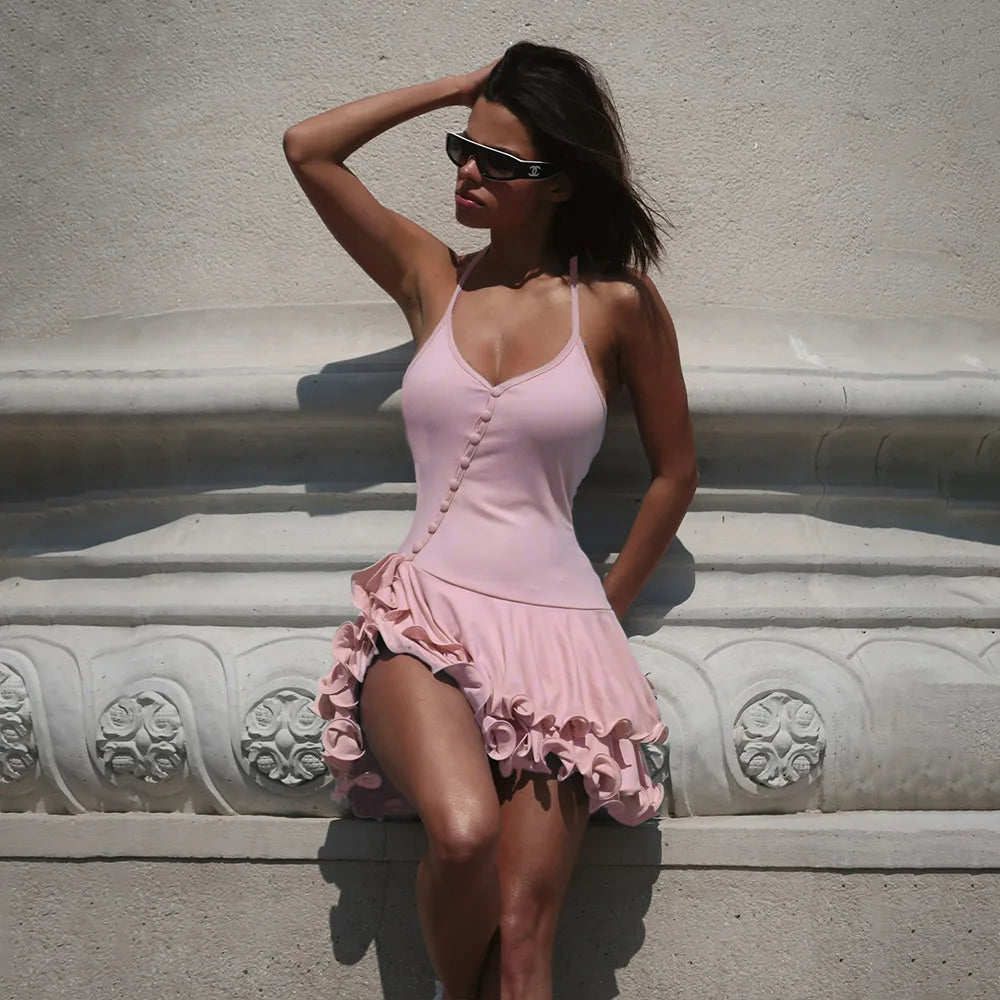 Absobe Ruffle Mini Dress - V-Neck A-Line Bodycon with Asymmetrical Buttons