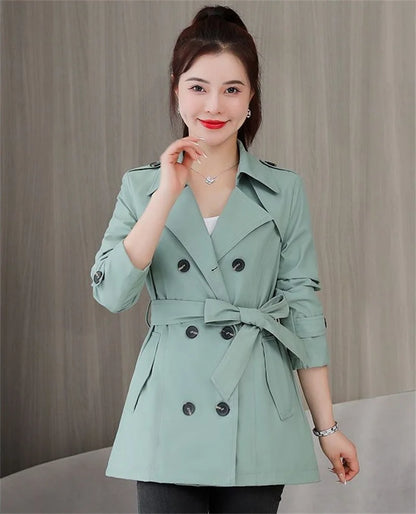 Spring Outerwear for Women – Belted Double-Breasted Long Sleeve Jacket