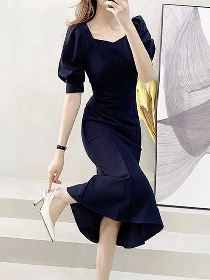 Fashionable Summer Dress – Slim Fit Square Collar Bubble Sleeve