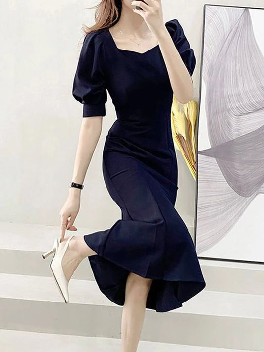 Fashionable Summer Dress – Slim Fit Square Collar Bubble Sleeve