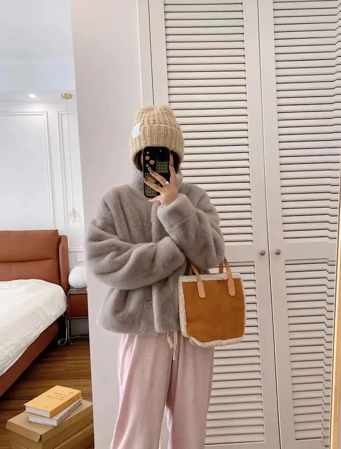 Golden Mink Lined Faux Fur Coat – Short Stand Collar Winter Jacket