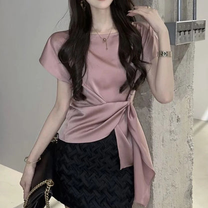 Trendy & Stylish – Lace-Up Solid Slim Blouse for Office