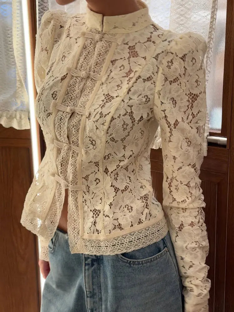 Fashion Commute Top – Hollow Out Lace See-Through Shirt