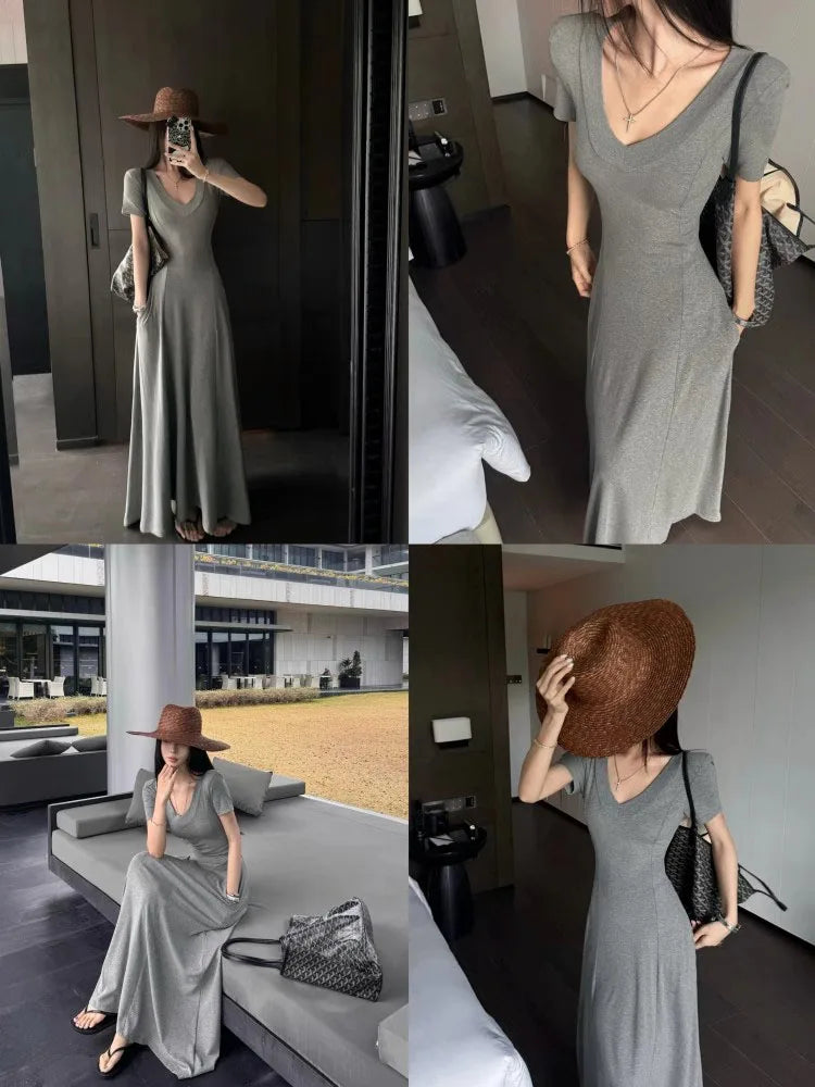 Street Style Women’s Dress – Slimming V-Neck High Waist A-Line Dress